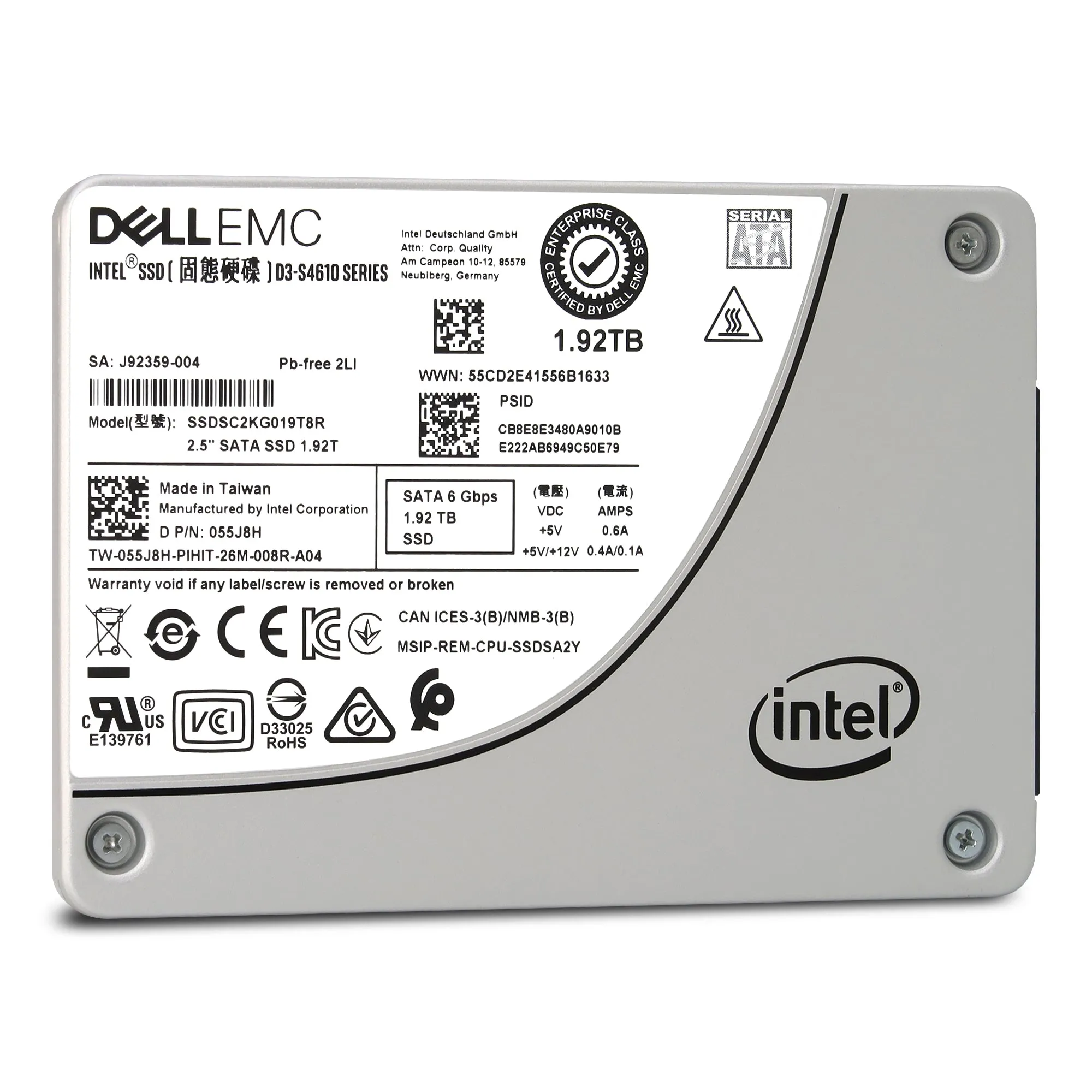 Dell D3-S4610 SSDSC2KG019T8R 055J8H 1.92TB SATA 6Gb/s 3D TLC 3DWPD 2.5in Solid State Drive