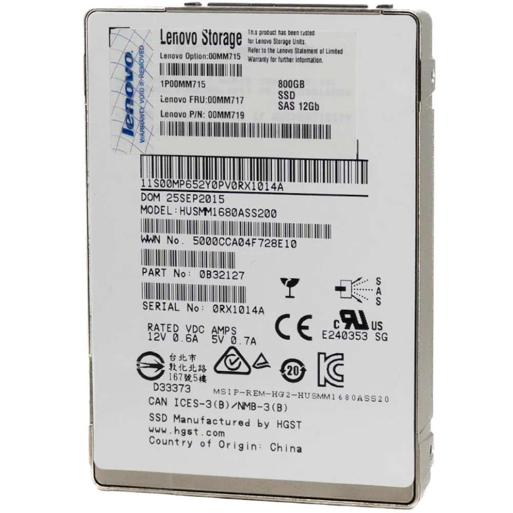 Lenovo Ultrastar SSD1600MM HUSMM1680ASS200 00MM719 800GB SAS 12Gb/s Write Intensive MLC 2.5in Refurbished SSD