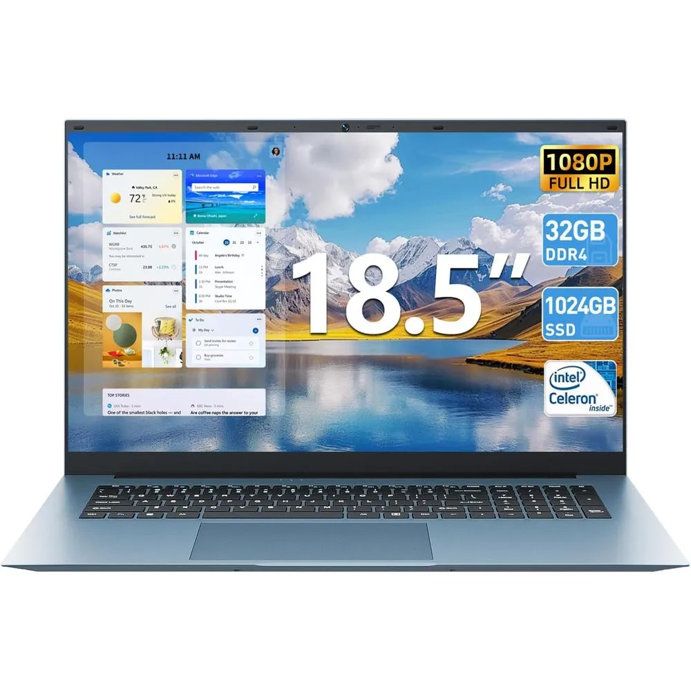 Naclud S18 18.5" FHD Celeron N5095 2GHz Intel Graphics 4GB RAM 128GB SSD Win 11 Home Gray