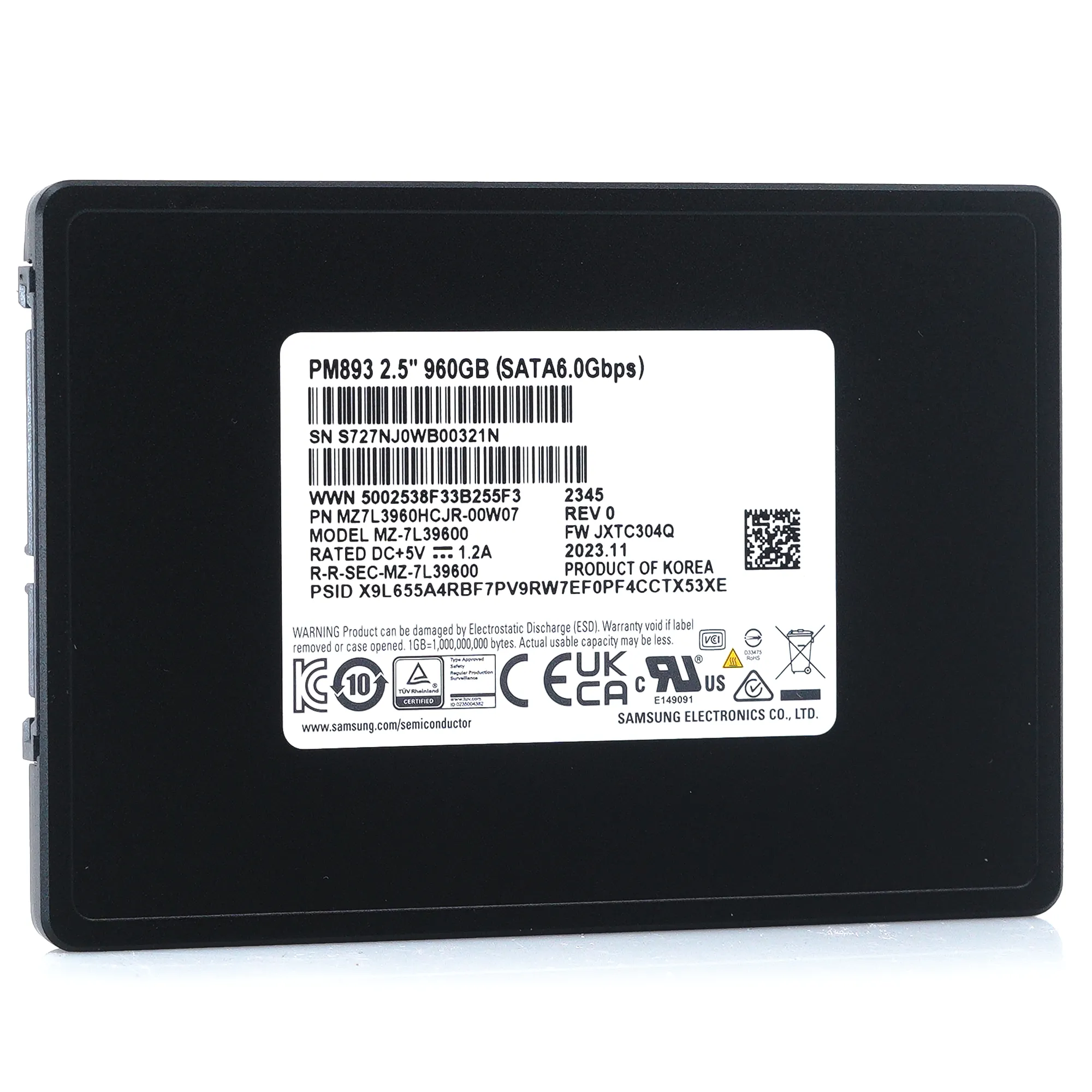Samsung PM893 MZ-7L39600 MZ7L3960HCJR-00A07 960GB SATA 6Gb/s 2.5in Recertified Solid State Drive