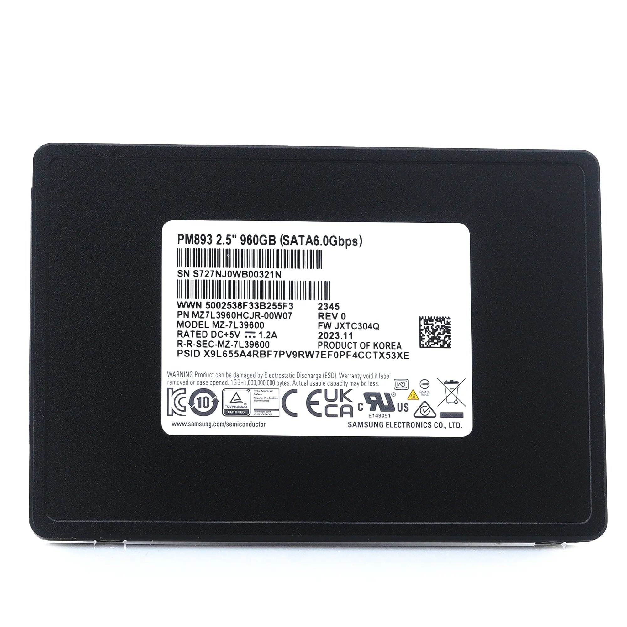 Samsung PM893 MZ-7L39600 MZ7L3960HCJR-00A07 960GB SATA 6Gb/s 2.5in Recertified Solid State Drive
